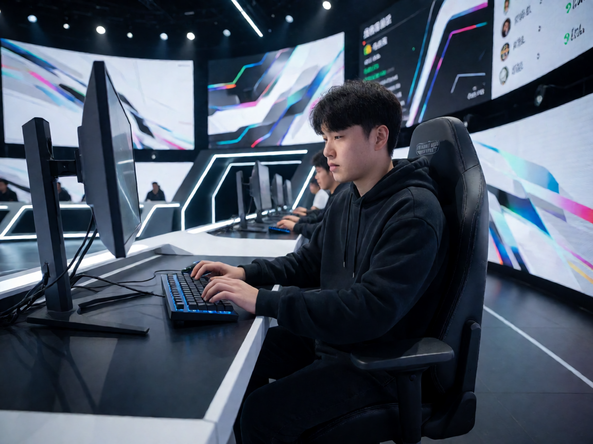 场景：大型电子竞技比赛舞台，选手全神贯注操作键盘